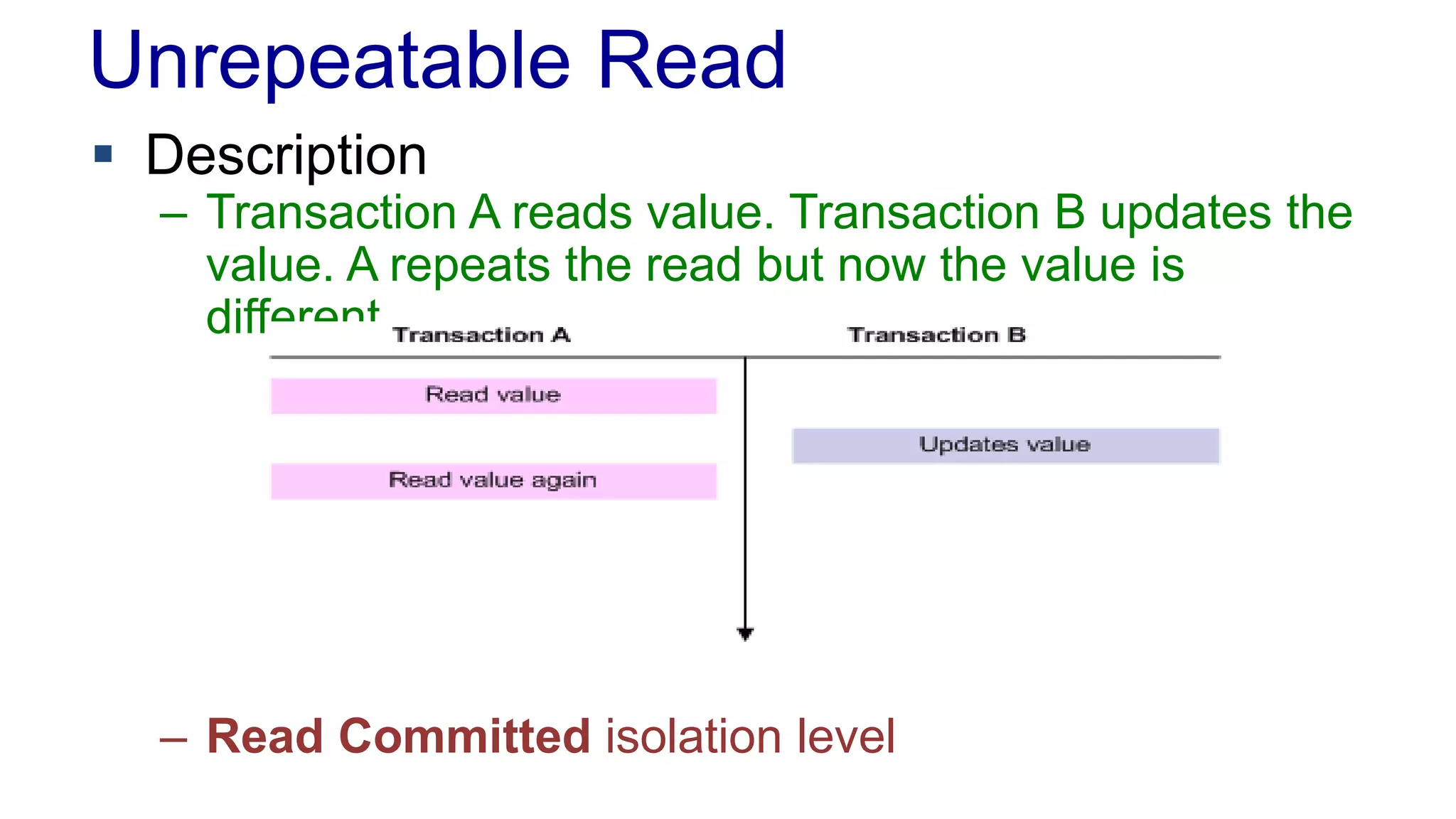 Unrepeatable Read
 Description

– Transaction A reads value. Transaction B updates the
value. A repeats the read but now the value is
different.

– Read Committed isolation level

 