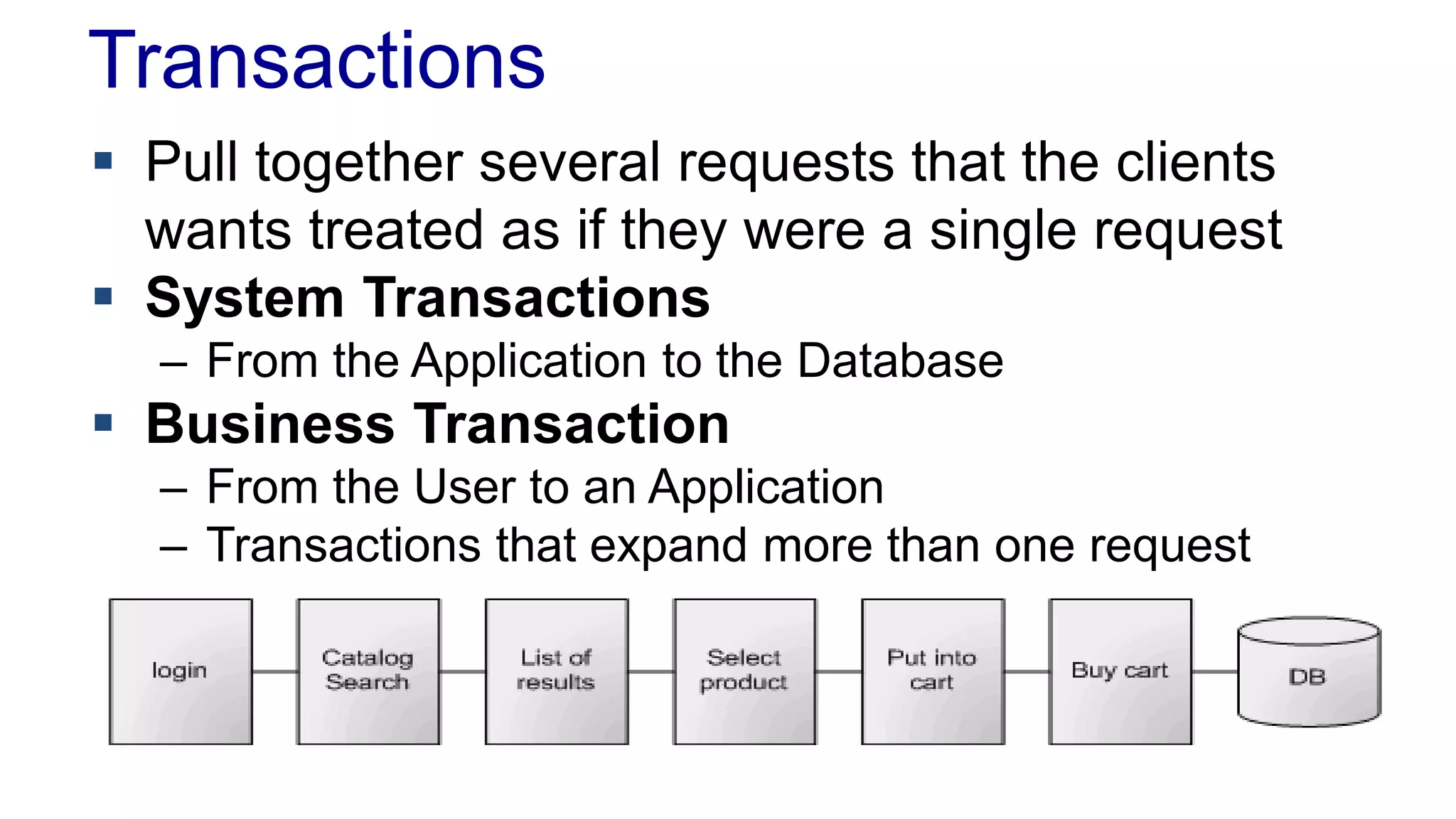 Transactions
 Pull together several requests that the clients
wants treated as if they were a single request
 System Transactions
– From the Application to the Database

 Business Transaction
– From the User to an Application
– Transactions that expand more than one request

 