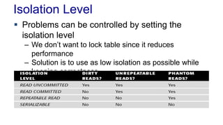 Isolation Level
 Problems can be controlled by setting the
isolation level
– We don’t want to lock table since it reduces
performance
– Solution is to use as low isolation as possible while
keeping correctness

 