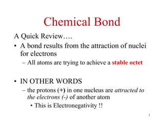 Chemical Bond
A Quick Review….
• A bond results from the attraction of nuclei
for electrons
– All atoms are trying to achieve a stable octet
• IN OTHER WORDS
– the protons (+) in one nucleus are attracted to
the electrons (-) of another atom
• This is Electronegativity !!
1
 