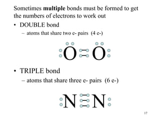 Sometimes multiple bonds must be formed to get
the numbers of electrons to work out
• DOUBLE bond
– atoms that share two e- pairs (4 e-)
O O
• TRIPLE bond
– atoms that share three e- pairs (6 e-)
N N 17
 