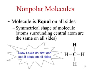 Nonpolar Molecules
• Molecule is Equal on all sides
–Symmetrical shape of molecule
(atoms surrounding central atom are
the same on all sides)
H
H
H
H C
Draw Lewis dot first and
see if equal on all sides
55
 