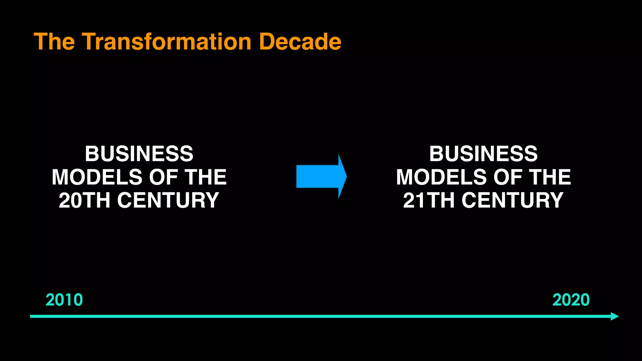 The Transformation Decade
2010 2020
BUSINESS
MODELS OF THE
20TH CENTURY
BUSINESS
MODELS OF THE
21TH CENTURY
 