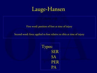 Lauge-Hansen 
Cadaveric study 
First word: position of foot at time of injury 
Second word: force applied to foot relative to tibia at time of injury 
Types:S 
ER 
SA 
PER 
PA 
 