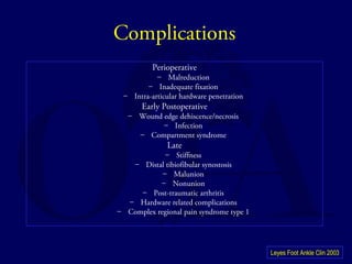 Complications 
Perioperative 
– Malreduction 
– Inadequate fixation 
– Intra-articular hardware penetration 
Early Postoperative 
– Wound edge dehiscence/necrosis 
– Infection 
– Compartment syndrome 
Late 
– Stiffness 
– Distal tibiofibular synostosis 
– Malunion 
– Nonunion 
– Post-traumatic arthritis 
– Hardware related complications 
– Complex regional pain syndrome type 1 
Leyes Foot Ankle Clin 2003 
 