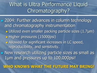 What is Ultra Performance Liquid
Chromatography?
 2004: Further advances in column technology
and chromatography instrume...