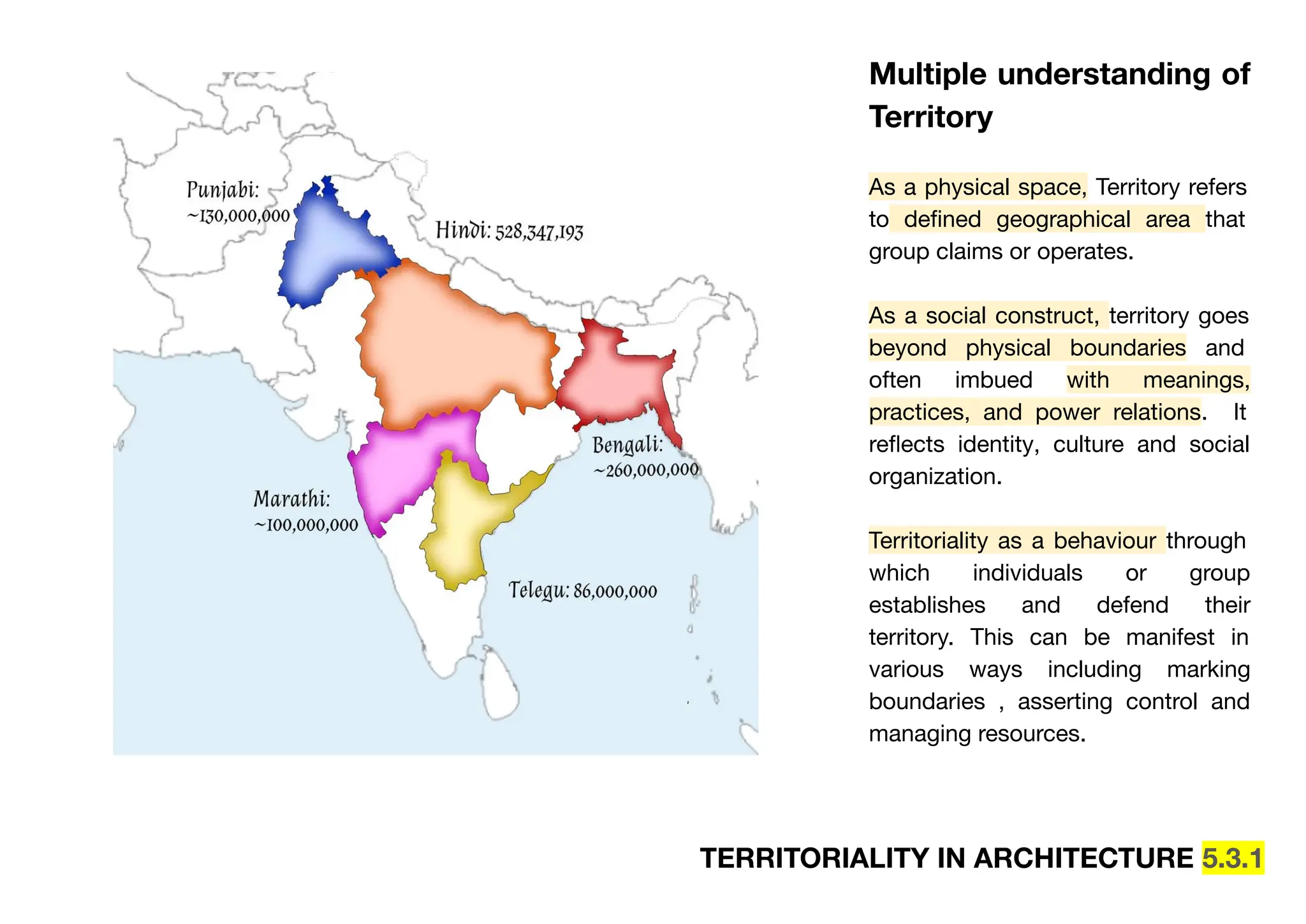 TERRITORIALITY IN ARCHITECTURE 5.3.1
Multiple understanding of
Territory
As a physical space, Territory refers
to deﬁned geographical area that
group claims or operates.
As a social construct, territory goes
beyond physical boundaries and
often imbued with meanings,
practices, and power relations. It
reﬂects identity, culture and social
organization.
Territoriality as a behaviour through
which individuals or group
establishes and defend their
territory. This can be manifest in
various ways including marking
boundaries , asserting control and
managing resources.
 