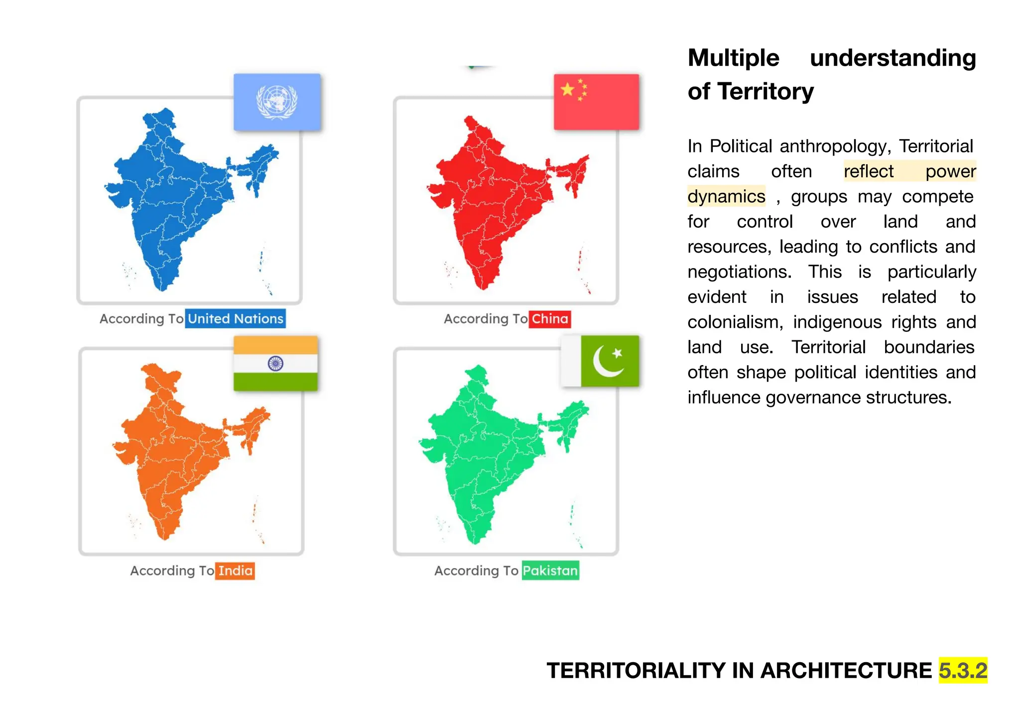 TERRITORIALITY IN ARCHITECTURE 5.3.2
Multiple understanding
of Territory
In Political anthropology, Territorial
claims often reﬂect power
dynamics , groups may compete
for control over land and
resources, leading to conﬂicts and
negotiations. This is particularly
evident in issues related to
colonialism, indigenous rights and
land use. Territorial boundaries
often shape political identities and
inﬂuence governance structures.
 