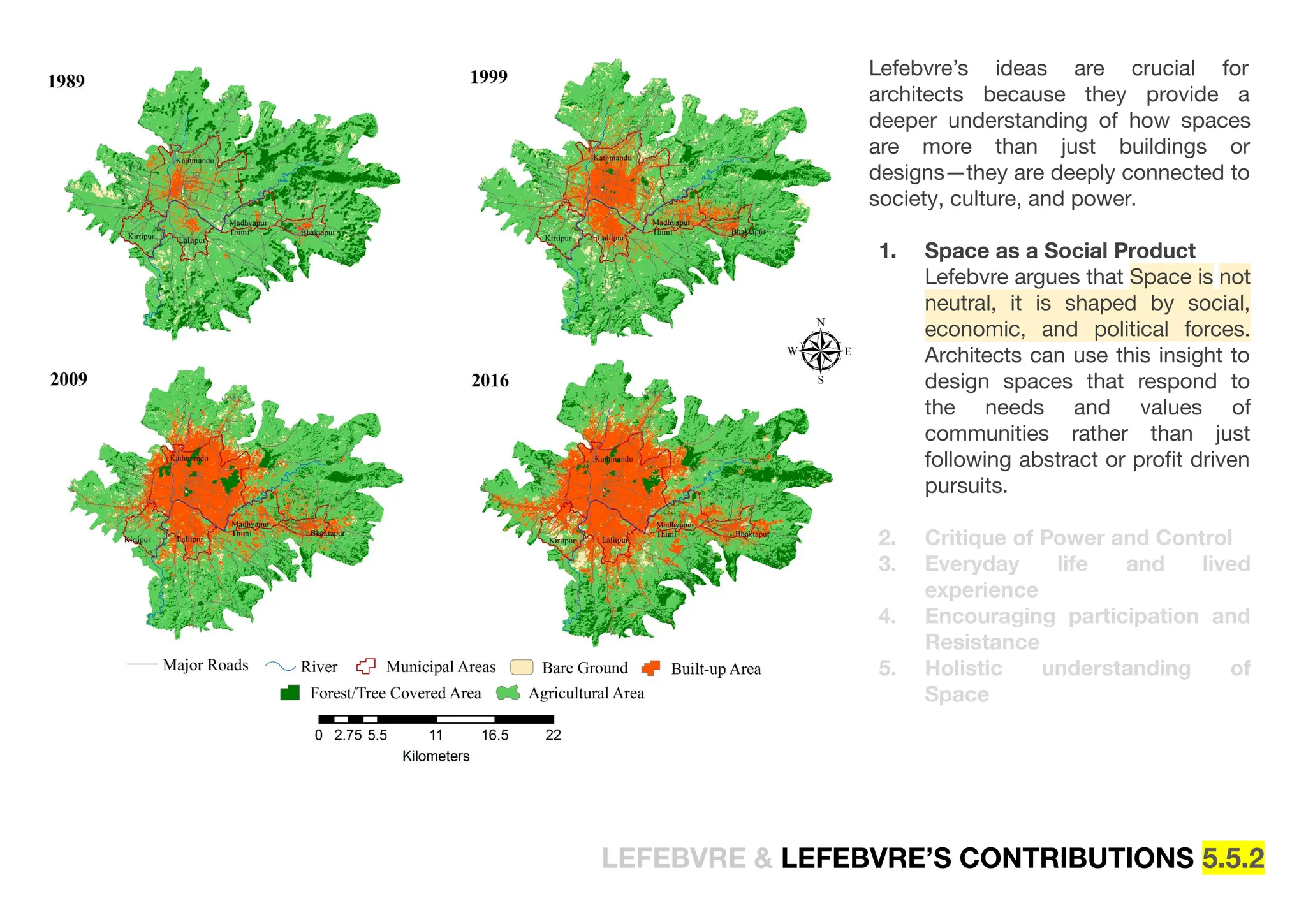 Lefebvre’s ideas are crucial for
architects because they provide a
deeper understanding of how spaces
are more than just buildings or
designs—they are deeply connected to
society, culture, and power.
1. Space as a Social Product
Lefebvre argues that Space is not
neutral, it is shaped by social,
economic, and political forces.
Architects can use this insight to
design spaces that respond to
the needs and values of
communities rather than just
following abstract or proﬁt driven
pursuits.
2. Critique of Power and Control
3. Everyday life and lived
experience
4. Encouraging participation and
Resistance
5. Holistic understanding of
Space
LEFEBVRE & LEFEBVRE’S CONTRIBUTIONS 5.5.2
 