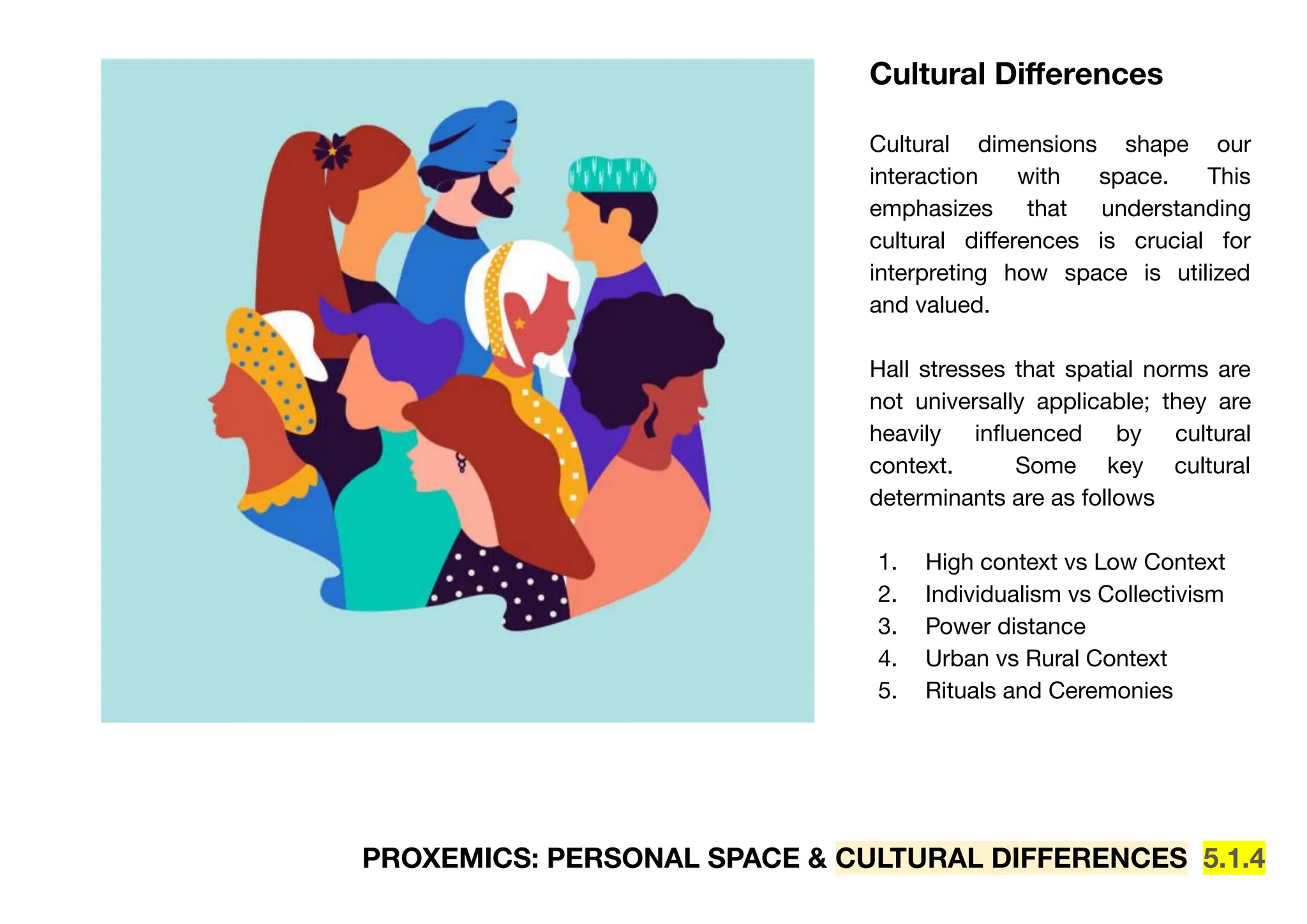 PROXEMICS: PERSONAL SPACE & CULTURAL DIFFERENCES 5.1.4
Cultural Diﬀerences
Cultural dimensions shape our
interaction with space. This
emphasizes that understanding
cultural diﬀerences is crucial for
interpreting how space is utilized
and valued.
Hall stresses that spatial norms are
not universally applicable; they are
heavily inﬂuenced by cultural
context. Some key cultural
determinants are as follows
1. High context vs Low Context
2. Individualism vs Collectivism
3. Power distance
4. Urban vs Rural Context
5. Rituals and Ceremonies
 