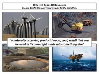 Different Types Of Resources
In pairs, DEFINE the term ‘resource’, prize for the best effort.

‘a naturally occurring product (wood, coal, wind) that can
be used in its own right made into something else’

 