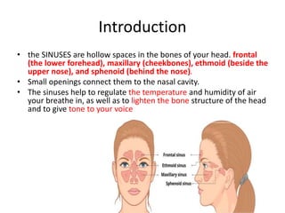 Introduction
• the SINUSES are hollow spaces in the bones of your head. frontal
(the lower forehead), maxillary (cheekbones), ethmoid (beside the
upper nose), and sphenoid (behind the nose).
• Small openings connect them to the nasal cavity.
• The sinuses help to regulate the temperature and humidity of air
your breathe in, as well as to lighten the bone structure of the head
and to give tone to your voice
 
