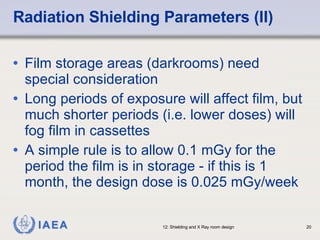 Radiation Shielding Parameters (II) Film storage areas (darkrooms) need special consideration Long periods of exposure will affect film, but much shorter periods (i.e. lower doses) will fog film in cassettes A simple rule is to allow 0.1 mGy for the period the film is in storage - if this is 1 month, the design dose is 0.025 mGy/week 