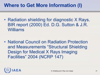 Where to Get More Information (I) Radiation shielding for diagnostic X Rays. BIR report (2000) Ed. D.G. Sutton & J.R. Williams National Council on Radiation Protection and Measurements “Structural Shielding Design for Medical X Rays Imaging Facilities” 2004 (NCRP 147) 
