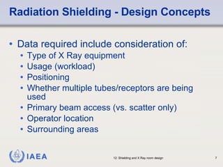 Radiation Shielding - Design Concepts Data required include consideration of: Type of X Ray equipment Usage (workload) Positioning Whether multiple tubes/receptors are being used Primary beam access (vs. scatter only) Operator location Surrounding areas 