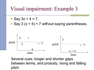 Visual impairment: Example 3 Say 3x + 4 = 7.  Say 3 (x + 4) = 7 without saying parentheses. 3  +  x  =  7 4 time pitch time pitch 3  =  7 x + 4 Several cues: longer and shorter gaps between terms, and prosody: rising and falling pitch 