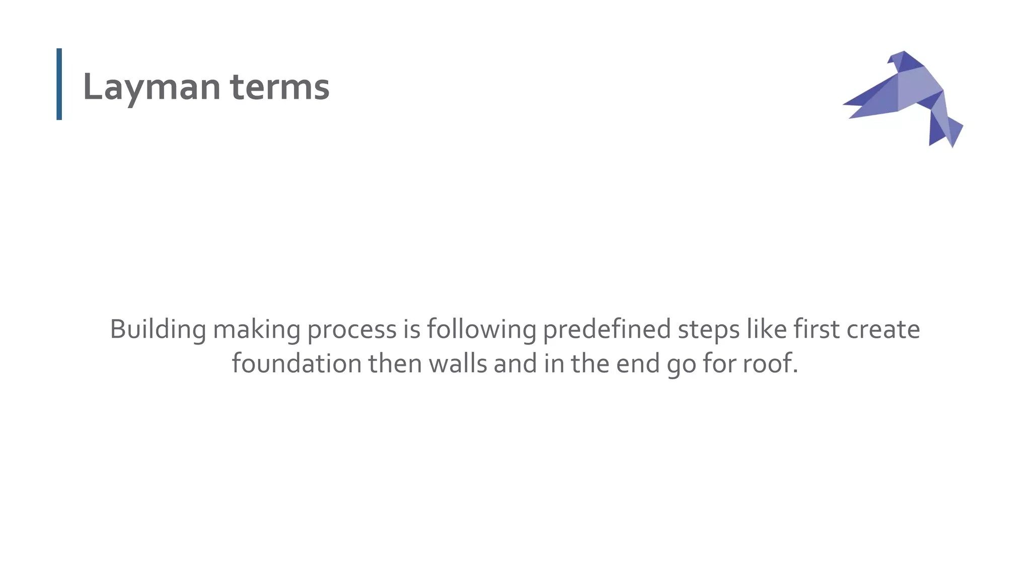 Layman terms
Building making process is following predefined steps like first create
foundation then walls and in the end go for roof.
 
