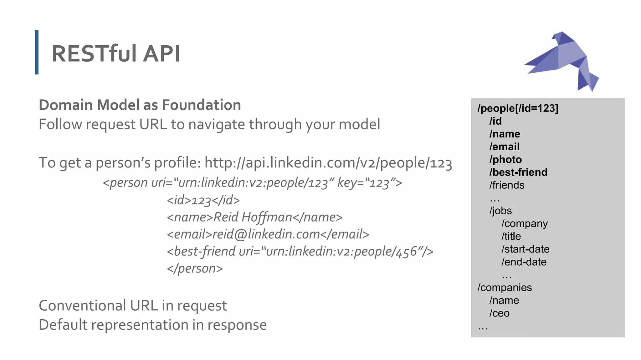 RESTful API
Domain Model as Foundation
Follow request URL to navigate through your model
To get a person’s profile: http://api.linkedin.com/v2/people/123
<person uri=“urn:linkedin:v2:people/123” key=“123”>
<id>123</id>
<name>Reid Hoffman</name>
<email>reid@linkedin.com</email>
<best-friend uri=“urn:linkedin:v2:people/456”/>
</person>
Conventional URL in request
Default representation in response
/people[/id=123]
/id
/name
/email
/photo
/best-friend
/friends
…
/jobs
/company
/title
/start-date
/end-date
…
/companies
/name
/ceo
…
 