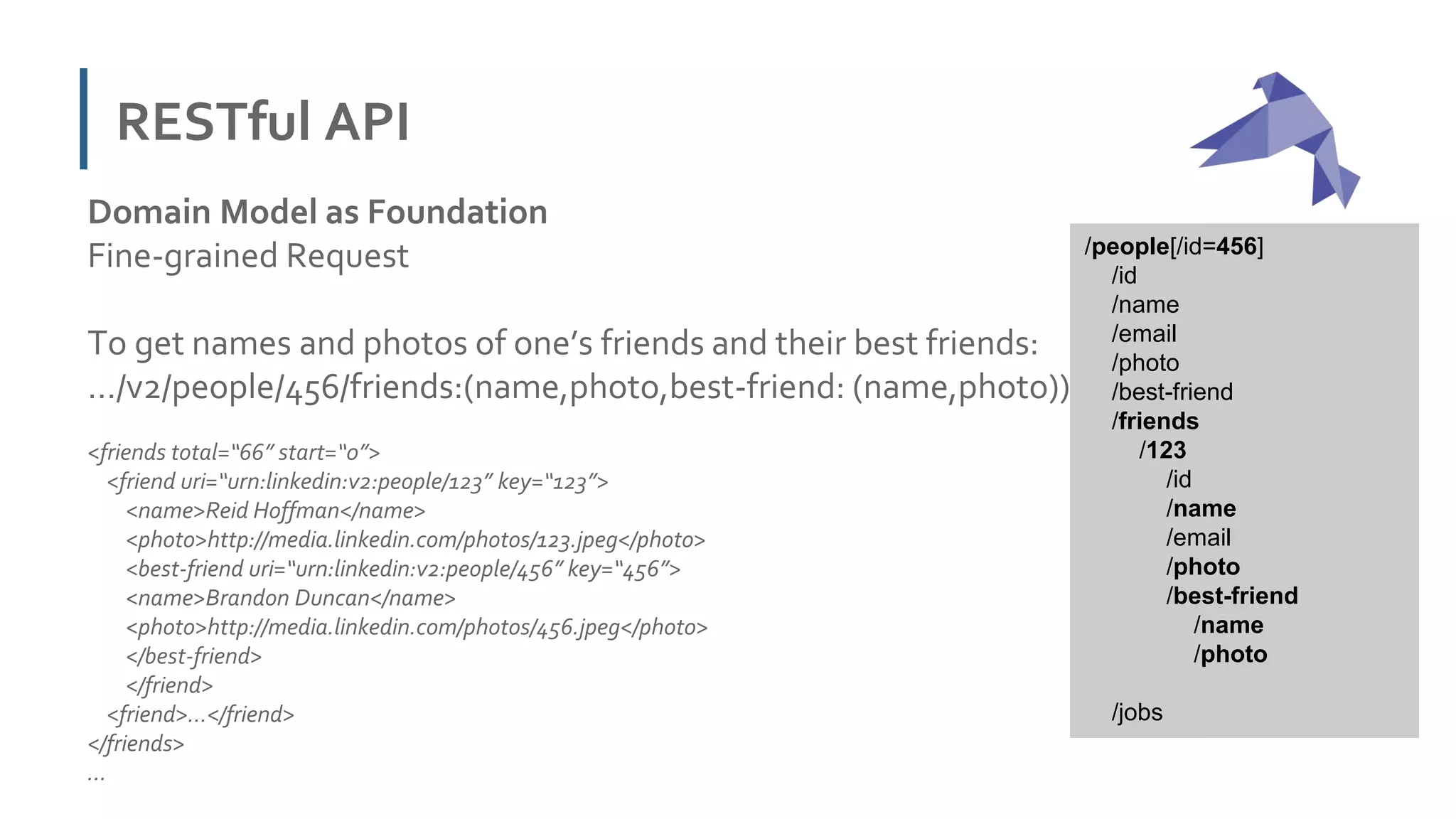 RESTful API
Domain Model as Foundation
Fine-grained Request
To get names and photos of one’s friends and their best friends:
…/v2/people/456/friends:(name,photo,best-friend: (name,photo))
<friends total=“66” start=“0”>
<friend uri=“urn:linkedin:v2:people/123” key=“123”>
<name>Reid Hoffman</name>
<photo>http://media.linkedin.com/photos/123.jpeg</photo>
<best-friend uri=“urn:linkedin:v2:people/456” key=“456”>
<name>Brandon Duncan</name>
<photo>http://media.linkedin.com/photos/456.jpeg</photo>
</best-friend>
</friend>
<friend>…</friend>
</friends>
…
/people[/id=456]
/id
/name
/email
/photo
/best-friend
/friends
/123
/id
/name
/email
/photo
/best-friend
/name
/photo
/jobs
 