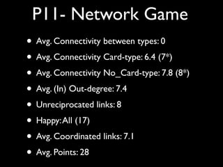 • Avg. Connectivity between types: 0
• Avg. Connectivity Card-type: 6.4 (7*)
• Avg. Connectivity No_Card-type: 7.8 (8*)
• ...