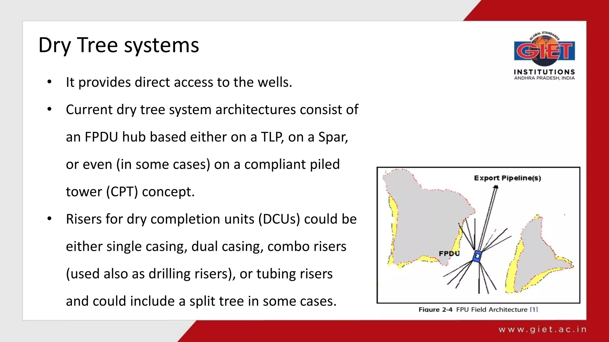 Dry Tree systems
• It provides direct access to the wells.
• Current dry tree system architectures consist of
an FPDU hub based either on a TLP, on a Spar,
or even (in some cases) on a compliant piled
tower (CPT) concept.
• Risers for dry completion units (DCUs) could be
either single casing, dual casing, combo risers
(used also as drilling risers), or tubing risers
and could include a split tree in some cases.
 