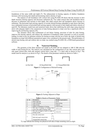 Performance Of Vertical Skirted Strip Footing On Slope Using PLAXIS 2D
DOI: 10.9790/1684-1303077783 www.iosrjournals.org 78 | Page
foundations of the same width and depth [7]. The enhancement in bearing capacity of shallow foundation
increases with increasing skirt depth and decreasing relative density of sand.
The analysis of raft foundation with vertical skirt using PLAXIS 2D shows that the increase in skirt
depth increases bearing capacity and decreases settlement [8]. Two sided vertical skirt raft foundation shows
decrease in settlement with increase in skirt depth. One sided vertical skirt raft foundation shows increase in
settlement. The horizontal load carrying capacity of circular skirted footings embedded in sand shows that there
was a substantial increase in horizontal load carrying capacity with increase of skirt depth and relative density of
sand [9]. The laboratory model tests and numerical study shows that stabilizing the earth slope using structural
skirts with adequate depth in the conjunction of strip footing adjacent to slope crest has a significant effect in
improving the soil bearing capacity [10].
The literature shows that confinement of soil below footing, provision of skirt for strip footing,
improves the bearing capacity and reduces the settlement of foundation under concentric as well as eccentric
loading. In order to give an optimum solution for footing on slope with the use of skirt, the study of skirted strip
foundation on slope with different parametrical aspect were considered in the present study. The performance of
skirted strip footing with and without skirt on slope was studied using PLAXIS 2D, a FEM based geotechnical
software.
II. Numerical Modeling
The geometry of the finite element soil model in PLAXIS 2D was adopted as 10B X 20B with the
width of strip footing B=2m. The analysis was calculated for the configuration of one side vertical skirt, both
side equal vertical skirt, both side unequal vertical skirt ( long side = 2 x short side) as shown in Fig.1. The
model used for analysis is as shown in Fig.2. The details of the parameter studied are shown in Table 1.
Figure 1: Configuration of Skirted Footing
Figure 2: Footing Adjacent to Slope
Table 1: Details of Parametric Study
Sr. No Parameters Details of parameters
1 Slope angle (β) 26.56o
2 Type of footing Strip footing
3 Type of load Vertical
4 Depth of embedment of footing 0.2H to 0.6H
5
The ratio of distance of footing from
crest to the width of footing (b/B)
-2.0*
to 3.0
6
The ratio of depth of skirt to width of
footing (ds/B)
1.0 to 3.0
7
i) One side vertical skirt
ii) Both side equal vertical skirt
iii) Unequal both vertical skirt
*(-) sign indicate the footing was placed on left side of slope assuming crest as origin
 
