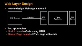 Web Layer Design
▪ How to design Web Applications?
▪ Two approaches
– Script based – Code using HTML
– Server Page based – HTML page with code
Web Browser
Web
Server
Web
Application
DB
Server
HTML/HTTP
 