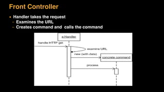 Front Controller
▪ Handler takes the request
– Examines the URL
– Creates command and calls the command
 