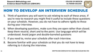 Research Methodology and
Evidence Based Healthcare (EBHC481)
HOW TO DEVELOP AN INTERVIEW SCHEDULE
5. Think of questions you will want to ask relating to each of these areas. If
you’re new to research you might ﬁnd it useful to include these questions
on your schedule. However, you do not have to adhere rigidly to these
during your interview.
6. When developing questions, make sure they are open rather than closed.
Keep them neutral, short and to the point. Use language which will be
understood. Avoid jargon and double-barreled questions
7. If you need to, revise your schedule after each interview.
8. Become familiar with your schedule so that you do not have to keep
referring to it during the interview.
WRITTEN AND COMPILED BY DR. EMAN ABD ALHALIM MD, PHD11
 