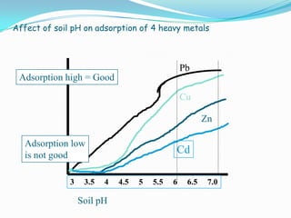 Affect of soil pH on adsorption of 4 heavy metals
Adsorption high = Good
Soil pH
3 3.5 4 4.5 5 5.5 6 6.5 7.0
Pb
Cu
Zn
Cd
Adsorption low
is not good
 