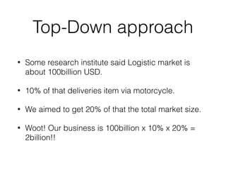 Top-Down approach
• Some research institute said Logistic market is
about 100billion USD.
• 10% of that deliveries item via motorcycle.
• We aimed to get 20% of that the total market size.
• Woot! Our business is 100billion x 10% x 20% =
2billion!!
 
