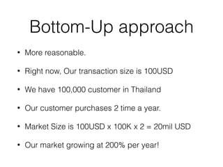 Bottom-Up approach
• More reasonable.
• Right now, Our transaction size is 100USD
• We have 100,000 customer in Thailand
• Our customer purchases 2 time a year.
• Market Size is 100USD x 100K x 2 = 20mil USD
• Our market growing at 200% per year!
 