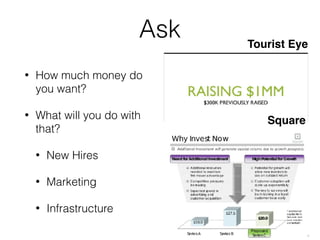 Ask
• How much money do
you want?
• What will you do with
that?
• New Hires
• Marketing
• Infrastructure
Tourist Eye
Square
 