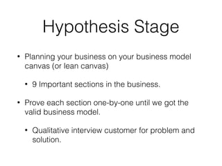 Hypothesis Stage
• Planning your business on your business model
canvas (or lean canvas)
• 9 Important sections in the business.
• Prove each section one-by-one until we got the
valid business model.
• Qualitative interview customer for problem and
solution.
 