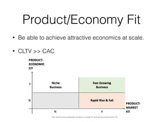 Product/Economy Fit
• Be able to achieve attractive economics at scale.
• CLTV >> CAC
 
