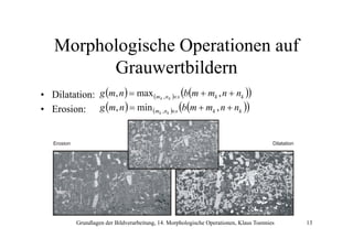 Morphologische O
M h l i h Operationen auf
i
f
Grauwertbildern
• Dilatation: g (m, n ) = max (m , n )∈s (b(m + mk , n + nk ))
• Erosion: g (m, n ) = min (m ,n )∈s (b(m + mk , n + nk ))
k

k

Erosion

k

k

Dilatation

Grundlagen der Bildverarbeitung, 14. Morphologische Operationen, Klaus Toennies

13

 