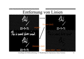 Entfernung von Linien
Erosion (2x2)
original

Dilatation (2x2)
Subtraktion
S bt kti Bild1 - Bild3
Grundlagen der Bildverarbeitung, 14. Morphologische Operationen, Klaus Toennies

16

 