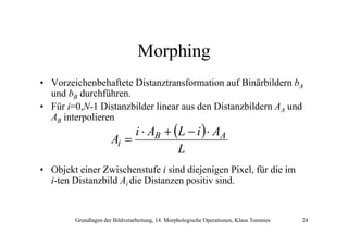 Morphing
• Vorzeichenbehaftete Distanztransformation auf Binärbildern bA
und bB durchführen
durchführen.
• Für i=0,N-1 Distanzbilder linear aus den Distanzbildern AA und
AB interpolieren

i ⋅ AB + (L − i ) ⋅ AA
Ai =
L

• Objekt einer Zwischenstufe i sind diejenigen Pixel, für die im
i-ten Distanzbild
i ten Distan bild Ai die Distanzen positiv sind.
Distan en positi sind

Grundlagen der Bildverarbeitung, 14. Morphologische Operationen, Klaus Toennies

24

 