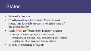 • State of a process
• Configuration=global state. Collection of
states, one for each process; alongside state of
the global buffer.
• Each Event (different from Lamport events)
– receipt of a message by a process (say p)
– processing of message (may change recipient’s state)
– sending out of all necessary messages by p
• Schedule: sequence of events
States
 
