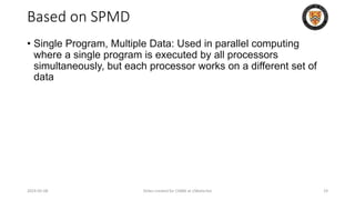 Based on SPMD
• Single Program, Multiple Data: Used in parallel computing
where a single program is executed by all processors
simultaneously, but each processor works on a different set of
data
2024-05-08 Slides created for CS886 at UWaterloo 19
 