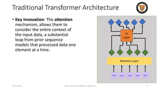 Traditional Transformer Architecture
• Key innovation: The attention
mechanism, allows them to
consider the entire context of
the input data, a substantial
leap from prior sequence
models that processed data one
element at a time.
2024-05-08 Slides created for CS886 at UWaterloo 4
Attention Layer
FF
Layer
Input Input
Input
Input
Input
 