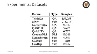 Experiments: Datasets
2024-05-08 Slides created for CS886 at UWaterloo 46
 
