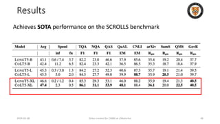 Results
2024-05-08 Slides created for CS886 at UWaterloo 48
Achieves SOTA performance on the SCROLLS benchmark
 