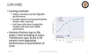 • Existing methods:
• reduce memory use but degrade
performance
• usually require tuning quantization
further after training
• and have only been studied for
models with less than 350M
parameters
• Extreme Outliers (up to 20x
larger ) start emerging at every
Transformer layer at the 6.7B
params mark degrading
performance of quantization at
scale
2024-05-08 Slides created for CS886 at UWaterloo 61
LLM.int8()
 
