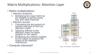 • Matrix multiplications:
• Attention projection
1. Multiplying the input matrix by
the weights to get the query,
key, and value matrices.
• Attention function
1. Calculating the dot product of
queries and keys to form an
attention matrix.
2. Applying softmax to the
attention matrix to obtain
weights for the values.
3. Multiplying the softmax weights
by the values to produce the
output of the attention
mechanism.
• Compute intensive!!
2024-05-08 Slides created for CS886 at UWaterloo 64
Matrix Multiplications: Attention Layer
 