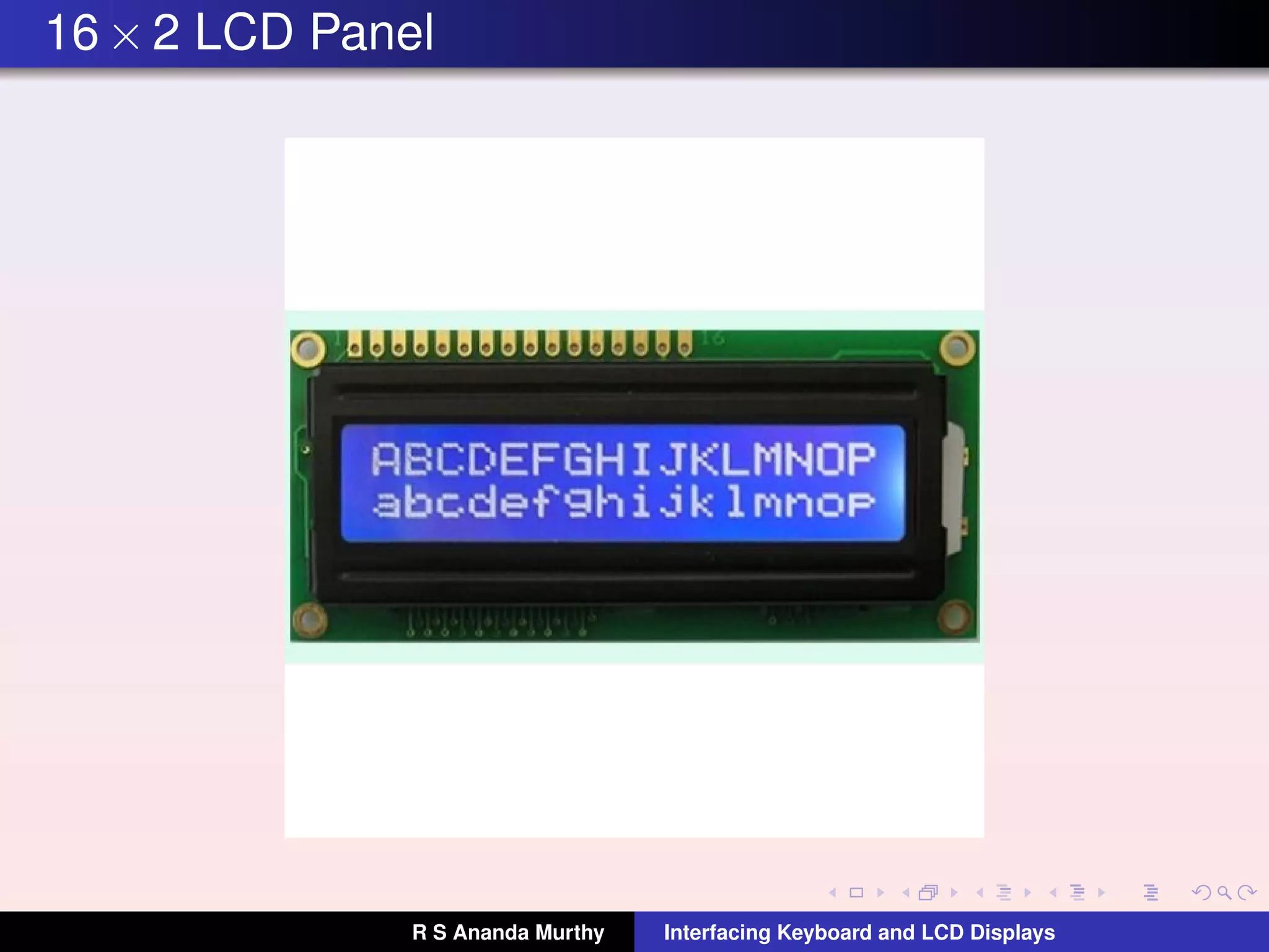 16×2 LCD Panel
R S Ananda Murthy Interfacing Keyboard and LCD Displays
 