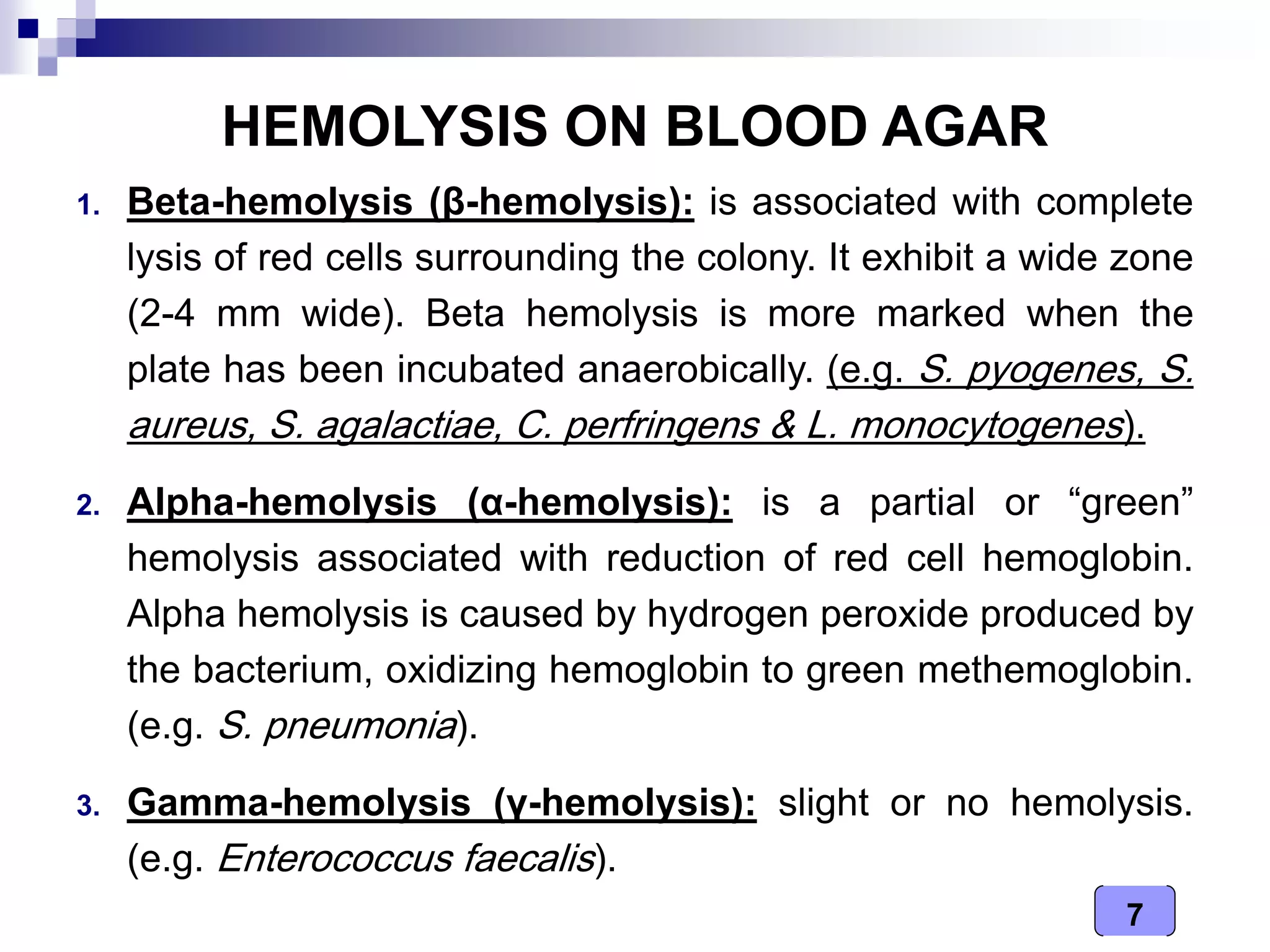 7
HEMOLYSIS ON BLOOD AGAR
1. Beta-hemolysis (β-hemolysis): is associated with complete
lysis of red cells surrounding the colony. It exhibit a wide zone
(2-4 mm wide). Beta hemolysis is more marked when the
plate has been incubated anaerobically. (e.g. S. pyogenes, S.
aureus, S. agalactiae, C. perfringens & L. monocytogenes).
2. Alpha-hemolysis (α-hemolysis): is a partial or “green”
hemolysis associated with reduction of red cell hemoglobin.
Alpha hemolysis is caused by hydrogen peroxide produced by
the bacterium, oxidizing hemoglobin to green methemoglobin.
(e.g. S. pneumonia).
3. Gamma-hemolysis (γ-hemolysis): slight or no hemolysis.
(e.g. Enterococcus faecalis).
 