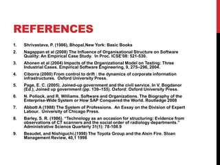 REFERENCES
1.   Shrivastava, P. (1986), Bhopal,New York: Basic Books
2.   Nagappan et al (2008) The Influence of Organisational Structure on Software
     Quality: An Empirical Case Study. In Proc. ICSE‟08: 521-530.
3.   Ahonen et al (2004) Impacts of the Organizational Model on Testing: Three
     Industrial Cases. Empirical Software Engineering, 9, 275–296, 2004.
4.   Ciborra (2000) From control to drift : the dynamics of corporate information
     infrastructures. Oxford University Press.
5.   Page, E. C. (2005). Joined-up government and the civil service. In V. Bogdanor
     (Ed.), Joined up government (pp. 139–155). Oxford: Oxford University Press.
6.   N. Pollock, and R. Williams. Software and Organizations. The Biography of the
     Enterprise-Wide System or How SAP Conquered the World. Routledge 2008
7.   Abbott A (1988) The System of Professions. An Essay on the Division of Expert
     Labour. University of Chicago Press.
8.   Barley, S. R. (1986). “Technology as an occasion for structuring: Evidence from
     observations of CT scanners and the social order of radiology departments.”
     Administrative Science Quarterly 31(1): 78-108.9
9.   Beaudet, and Nishiguchi,(1998) The Toyota Group and the Aisin Fire. Sloan
     Management Review, 40,1 1998
 