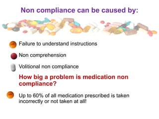 Non compliance can be caused by:
Failure to understand instructions
Non comprehension
Volitional non compliance
How big a problem is medication non
compliance?
Up to 60% of all medication prescribed is taken
incorrectly or not taken at all!
 