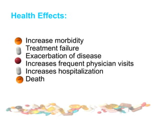 Health Effects:
Increase morbidity
Treatment failure
Exacerbation of disease
Increases frequent physician visits
Increases hospitalization
Death
 